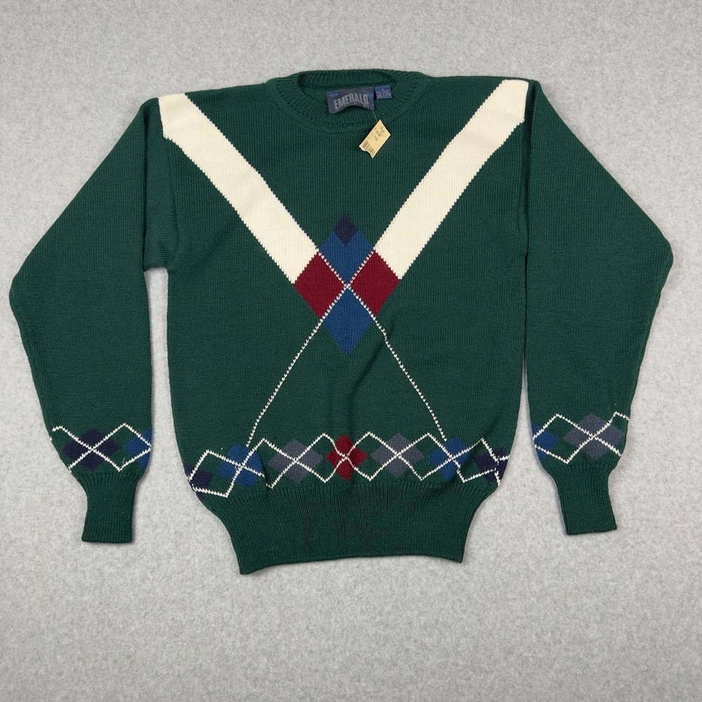 NWT Vintage Emerald Club Sweater M‎ Green Crew Neck Argyle Pattern Long Sleeves
